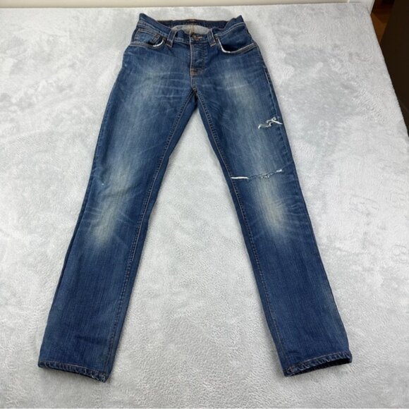 Nudie Jeans Mens Size 28x31 Distressed Button Fly Dark Denim Jeans Embroidered - Picture 1 of 8